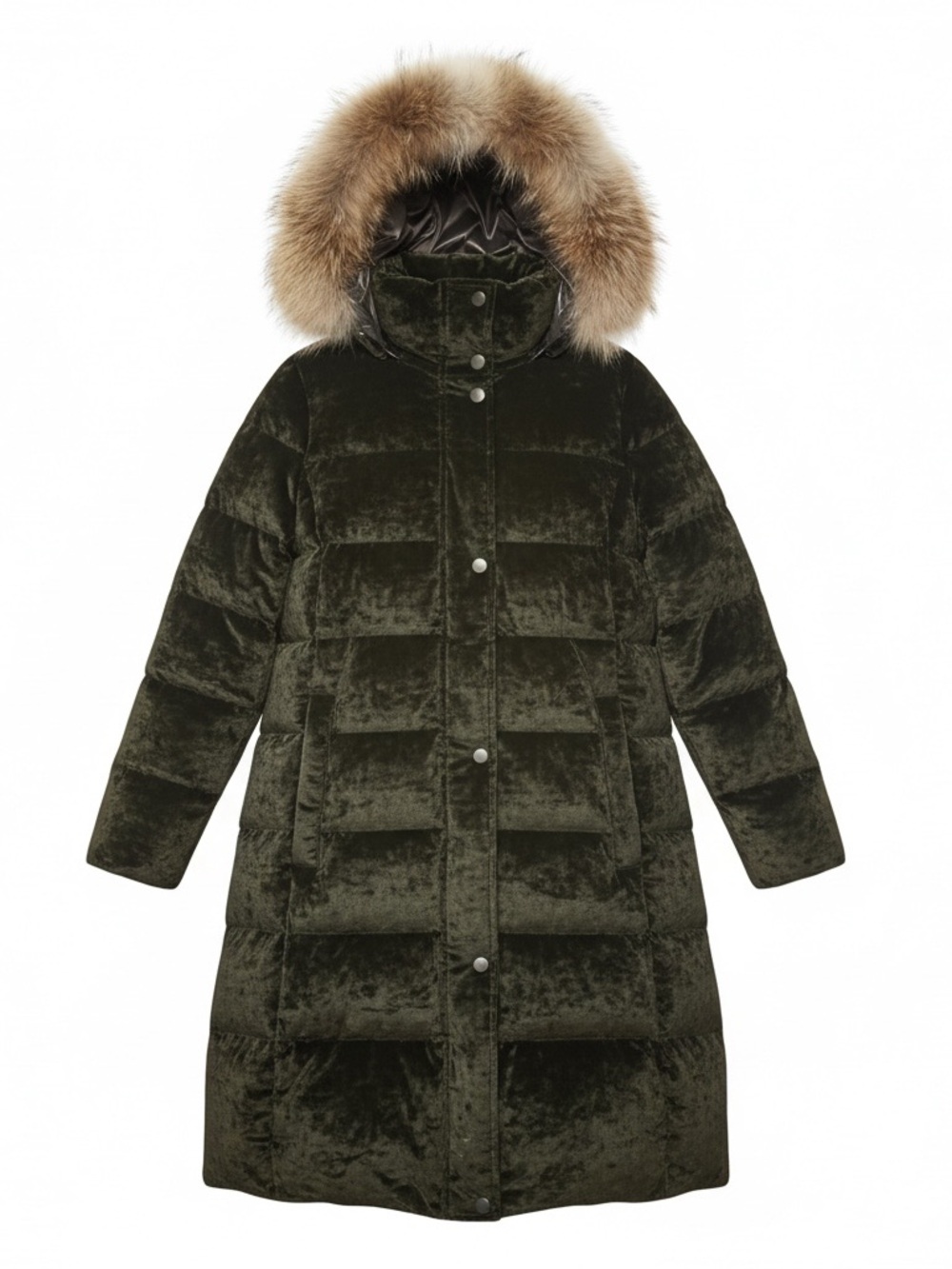 Andrew Marc Black Crushed Velvet Puffer Coat with Fur-Trim Hood